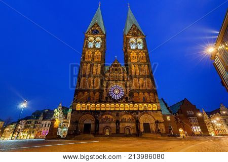 Old medieval market square in the historic part of the city. Bremen Cathedral. Bremen. Germany. Bavaria.