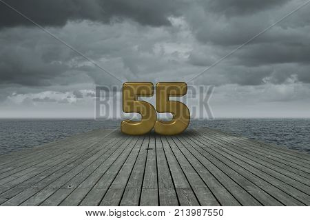 number fifty-five on wooden floor at ocean