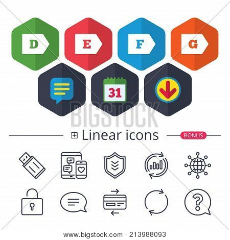 Calendar, Speech bubble and Download signs. Energy efficiency class icons. Energy consumption sign symbols. Class D, E, F and G. Chat, Report graph line icons. More linear signs. Editable stroke