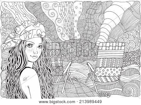 Young beautiful girl in bandana. Deck chair on a beach facing out to sea. Zentangle style. Black and white doodle coloring book page for adult and children.