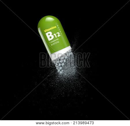 B12 Mineral, Dissolved Capsule In The Vein, 3D Illustration, Isolated Black