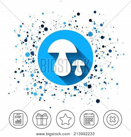 Button on circles background. Mushroom sign icon. Boletus mushroom symbol. Calendar line icon. And more line signs. Random circles. Editable stroke. Vector