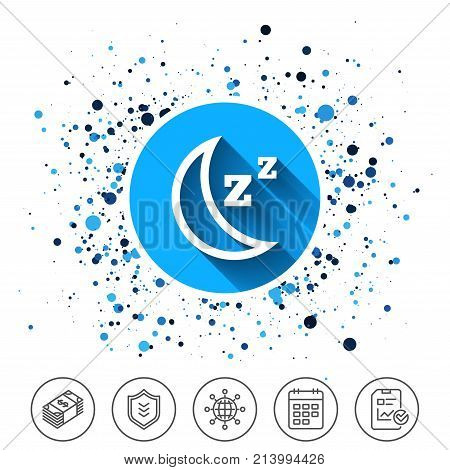 Button on circles background. Sleep sign icon. Moon with zzz button. Standby. Calendar line icon. And more line signs. Random circles. Editable stroke. Vector