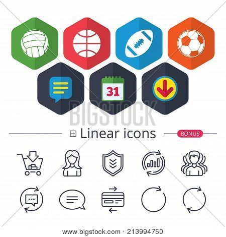 Calendar, Speech bubble and Download signs. Sport balls icons. Volleyball, Basketball, Soccer and American football signs. Team sport games. Chat, Report graph line icons. More linear signs. Vector