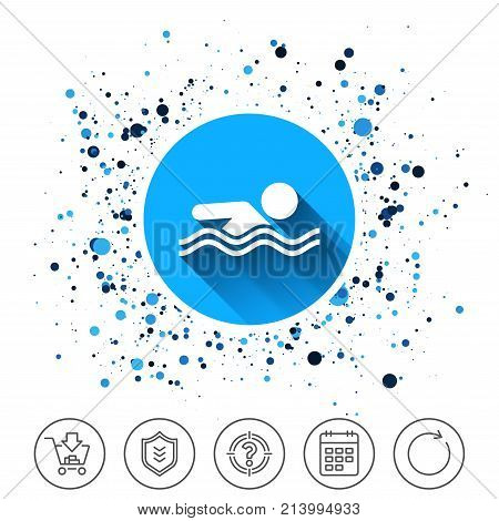 Button on circles background. Swimming sign icon. Pool swim symbol. Sea wave. Calendar line icon. And more line signs. Random circles. Editable stroke. Vector