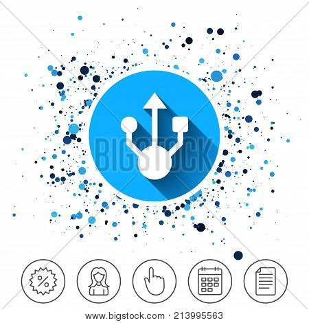 Button on circles background. Usb sign icon. Usb flash drive symbol. Calendar line icon. And more line signs. Random circles. Editable stroke. Vector