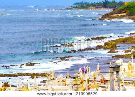 The old Cemetery at San Juan at Puerto Rico and view of the ocean