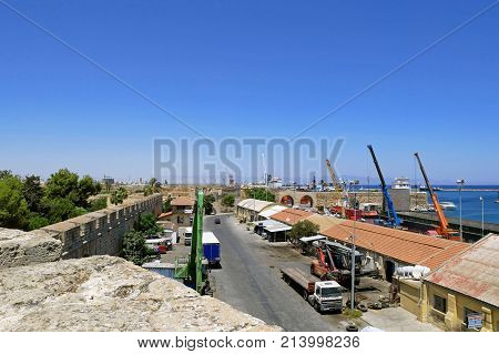 FAMAGUSTA (Gazimagusa), NORTHERN CYPRUS - JULY 24, 2017: View on the Famagusta Port from The Old town wall of Famagusta (Gazimagusa)