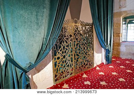 LARNACA, CYPRUS - JULY 27, 2017: Interior of Hala Sultan Tekke Mosque near Larnaca, Cyprus.