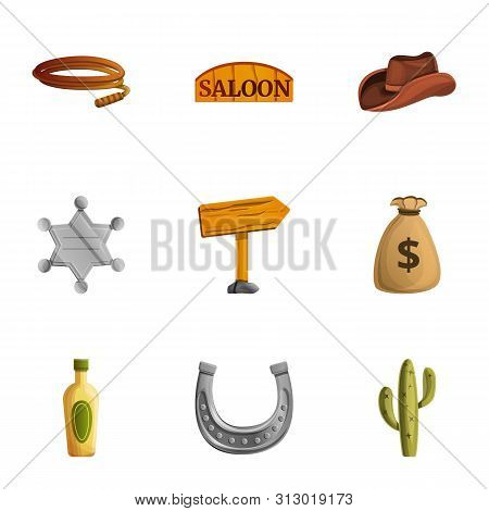 Cowboy Tools Icon Set. Cartoon Set Of 9 Cowboy Tools Vector Icons For Web Design Isolated On White B