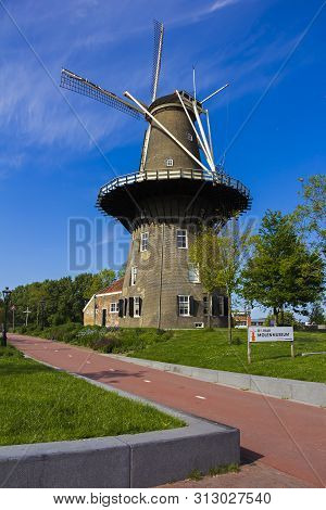 Leiden, Holland, Netherlands, May 22, 2019.  Street View, Molen De Valk Museum (falcon Windmill) Tra