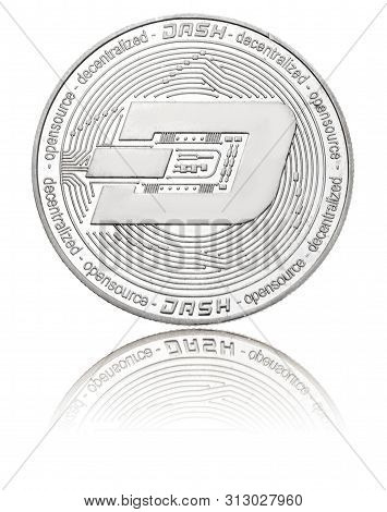 Silver Ryptocurrency Coin - Dash, Isolated On A White