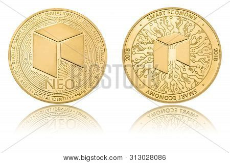 Gold Ryptocurrency Coin - Neo, Isolated On A White