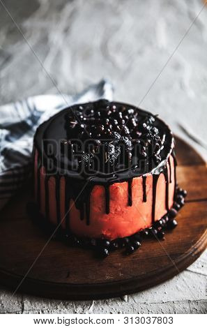 Cake. Healthy Food. Grey Stone Background. Top View. Copy Space. A