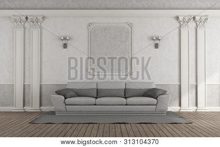 White Living Room With Gray Sofa In Classic Style And Corinthian Pilaster On Wall- 3d Rendering