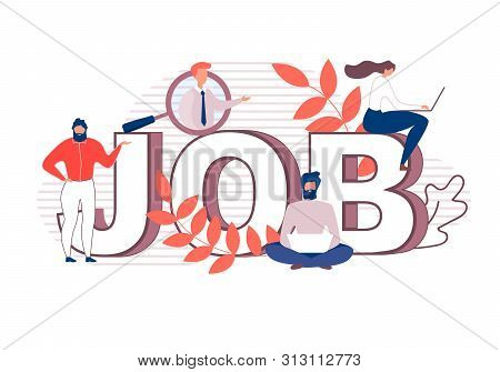 Flat Cartoon Huge Letters Makes Word Job Banner. Business Talent Searching Work And Hr Agents Examin
