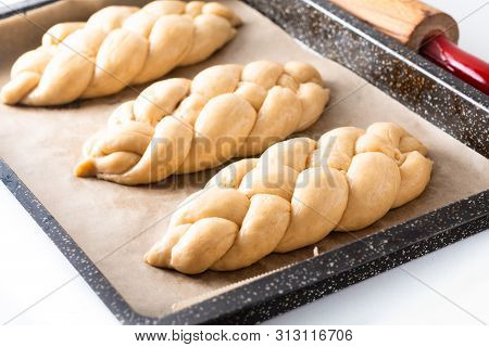 Homemade Food Concept Process Proved Bread Braid Challah Dough On White Background With Copy Space