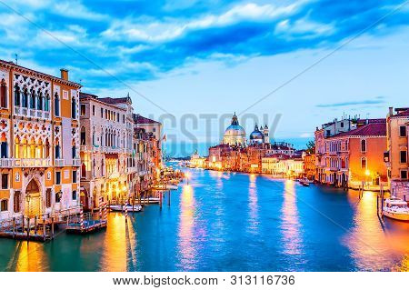 Basilica Santa Maria Della Salute, Punta Della Dogona And Grand Canal At Blue Hour Sunset In Venice,