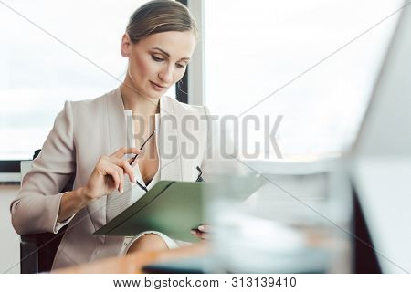 Beautiful business woman reading a file in her office by the window