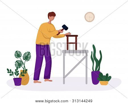 Young Guy Or Man And His Hobby Or Daily Activity - He Makes Stool With His Own Hands, Carpenters Wor