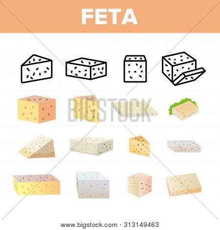 Feta, Cow Dairy Product Vector Linear Icons Set. Differently Shaped And Colored Feta Cheese Slice. F