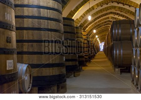 Vintage Wine Cellar With Old Oak Barrels, Production Of Fortified Dry Or Sweet Marsala Wine In Marsa