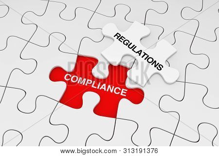 One Piece Of White Jigsaw Puzzle Over Plain Of White Puzzle With Compliance And Regulations Words On