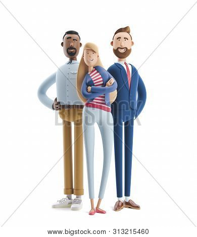 Group Of Happy Cartoon Characters Standing On A White Background. Stanley, Emma And Billy. 3d Illust