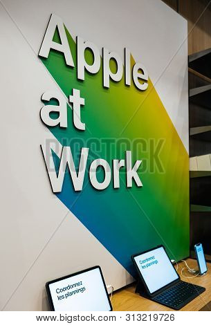 Paris, France - Jul 24, 2019: Apple At Work Advertising Corner Inside Apple Store Dedicated For Smal