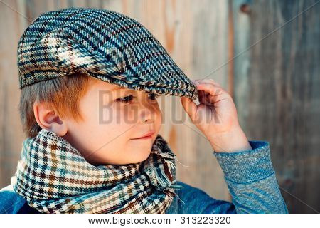 Preschool Child. Boy Face. Elegant Child. Autumn Weather. People, Adorable Kid, Funny Portrait. Cap 