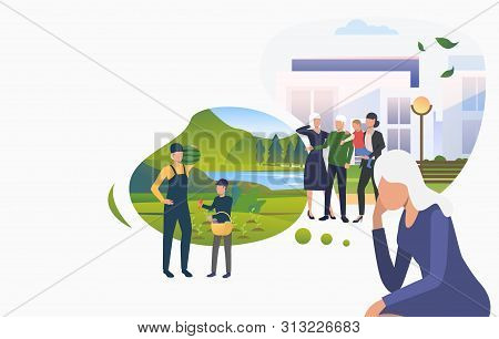Collection Of Woman Thinking About Family. Female Cartoon Character And Her Memories About School An