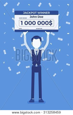 Winning Lottery Ticket, Happy Man Holding Giant Check. Successful Boy Celebrating Chance Event Of Ge