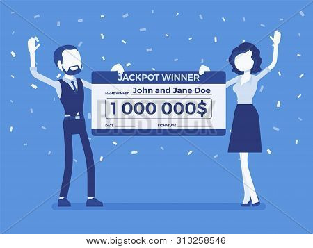 Winning Lottery Ticket, Happy Pair Holding Giant Check. Successful Couple Celebrating Chance Event O