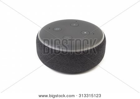 Kuala Lumpur - July 24, 2019 : Amazon Echo Dot Loudspeaker Alexa Voice Service Activated Recognition