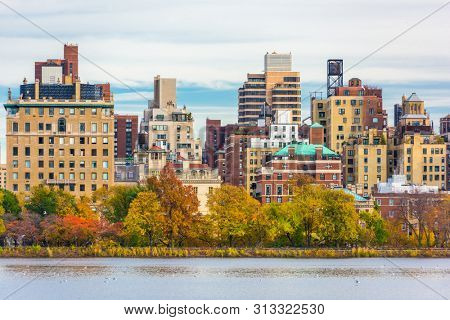 New York, New York, USA at Central Park and reservoir in autumn season. 