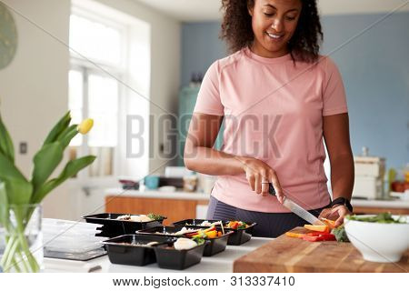 Woman Preparing Batch Of Healthy Meals At Home In Kitchen