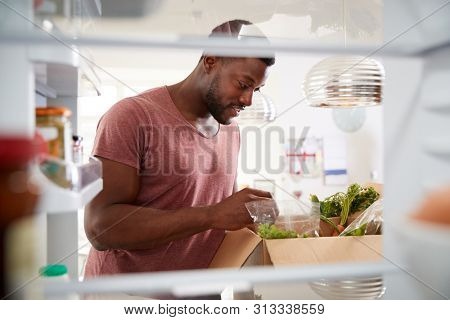View Looking Out From Inside Of Refrigerator As Man Unpacks Online Home Food Delivery