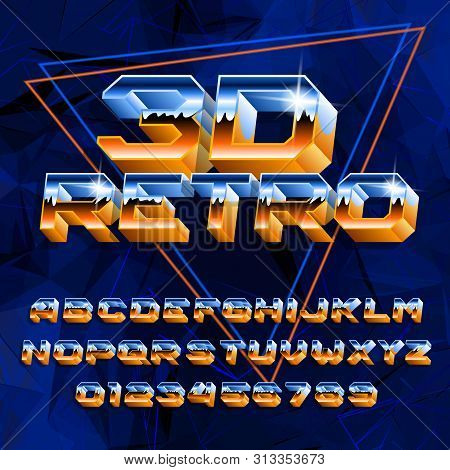 3d Retro Alphabet Font. Uppercase Letters And Numbers. Abstract Blue Background. Stock Vector Typefa