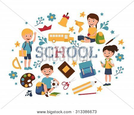 Back To School Pupils Vector Illustration Isolated On White. Boys And Girls On The First Day Of Scho