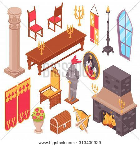 Isometric Medieval Castle Royal Hall Interior Set Of Isolated Inside Fitting Images And Pieces Of Fu