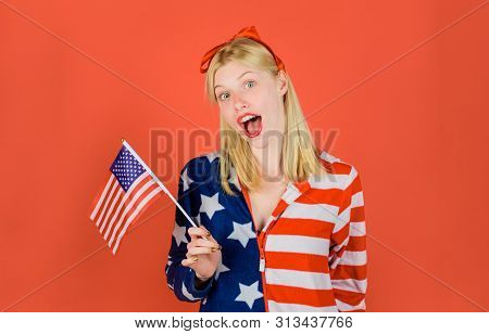 Summer Holiday. 4th July. Independence Day Celebration. Fashion Girl With American Flag In Hand. Nat