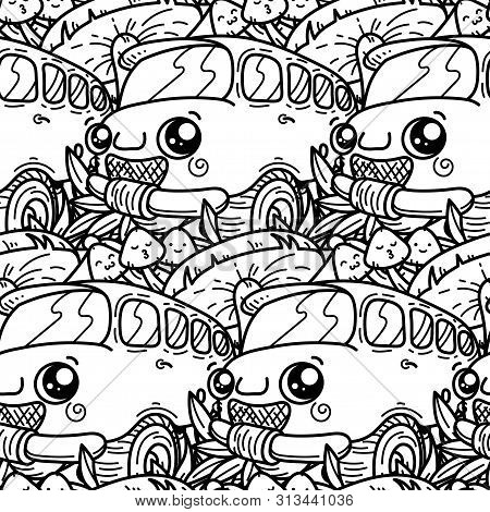 Fashion Forest Seamless Pattern Template For Clothes, Textiles, T-shirt Design. Mushrooms And Travel