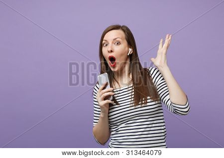Young Brunette Woman Girl In Casual Striped Clothes Posing Isolated On Violet Purple Background Stud