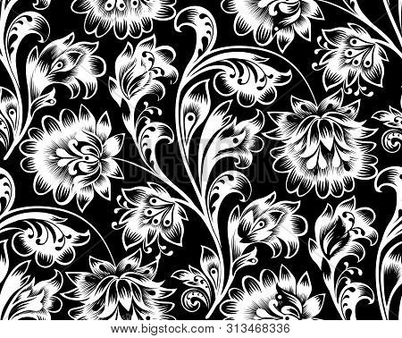 Floral Seamless Pattern. Flower Ornament. Ornamental Flourish Background In Traditional Folk Russian