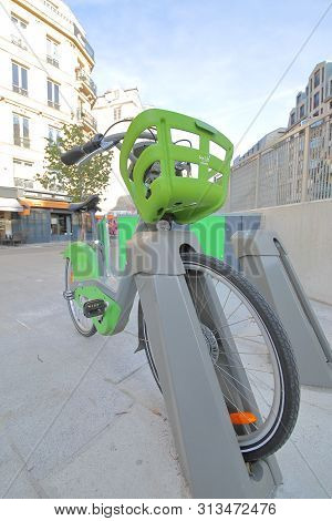 Paris France - May 22, 2019: Velib Shared Bicycle Parked In Paris France
