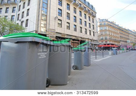 Paris France - May 22, 2019: Public Rubbish Bin In Paris France