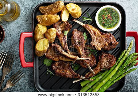 Grilled Lamb Chops With Green Herb Sauce, Asparagus And Potatoes