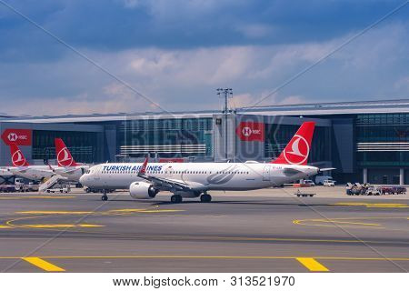 Istanbul, Turkey. July 17, 2019. Turkish Airlines Airbus A-320 Is Preparing To Depart From Istanbul 