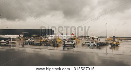 Vienna, Austria - July 12, 2019: Flughafen Wien-schwechat Or Vienna Airport From The Board Of A Newl
