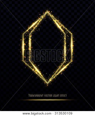 Gold Polygonal Frame With Light Effects Isolated On Transparent Background.